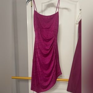 City Vibe spaghetti strap ruched side glitter knit stretch sheath dress pink, S